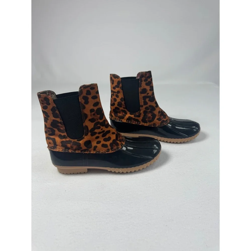 Leopard Print ZBY Women 7.5 Duck Boots Black Brown Waterproof Ankle Chelsea Boot